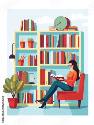 Woman enjoying a peaceful reading session in a vibrant library, surrounded by colorful bookshelves and decorative elements, highlighting the importance of continuous learning and relaxation.

