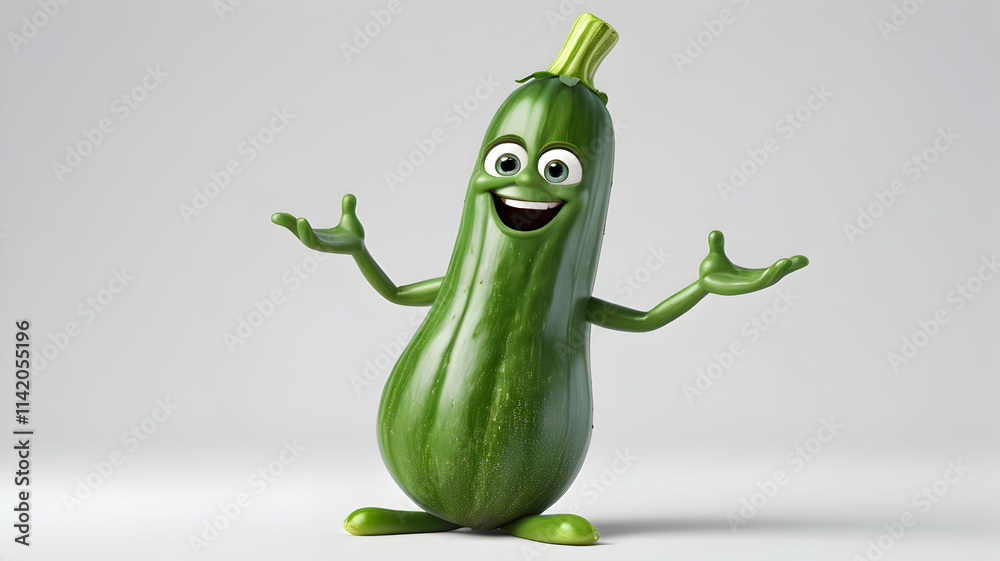 Obraz premium Smiling zucchini cartoon character with arms and legs.
