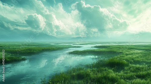 Serene River Flows Through Lush Green Meadow Under Cloudy Sky