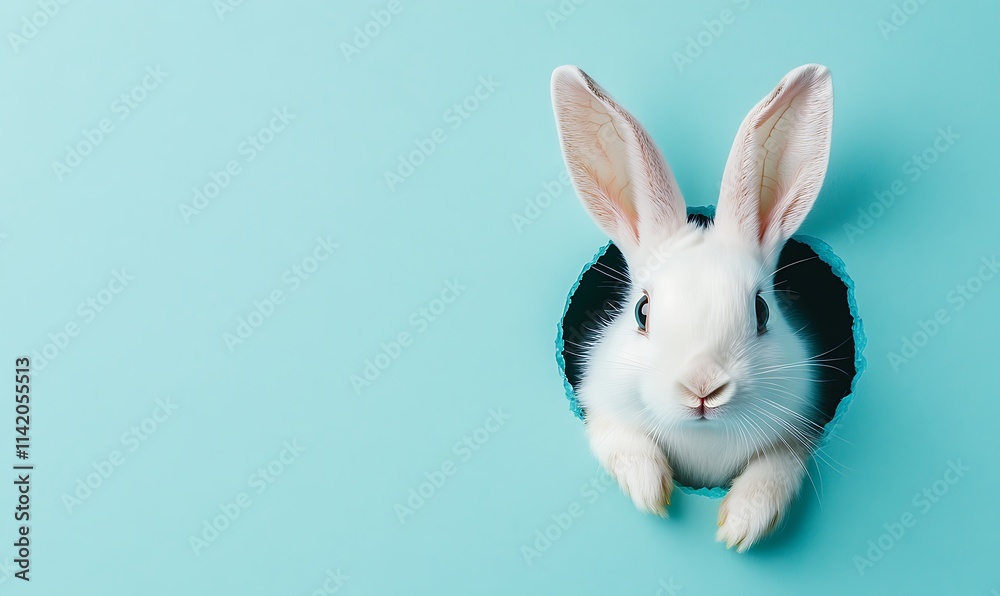 Obraz premium Easter bunny ears sticking out of a hole on a blue background