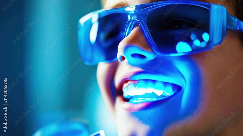 A smiling person wearing blue-tinted glasses with teeth illuminated by a bright blue light, creating a vibrant and cheerful atmosphere. A smiling person wearing blue-tinted glasses with teeth illuminated by a bright blue light, creating a vibrant and cheerful atmosphere.
