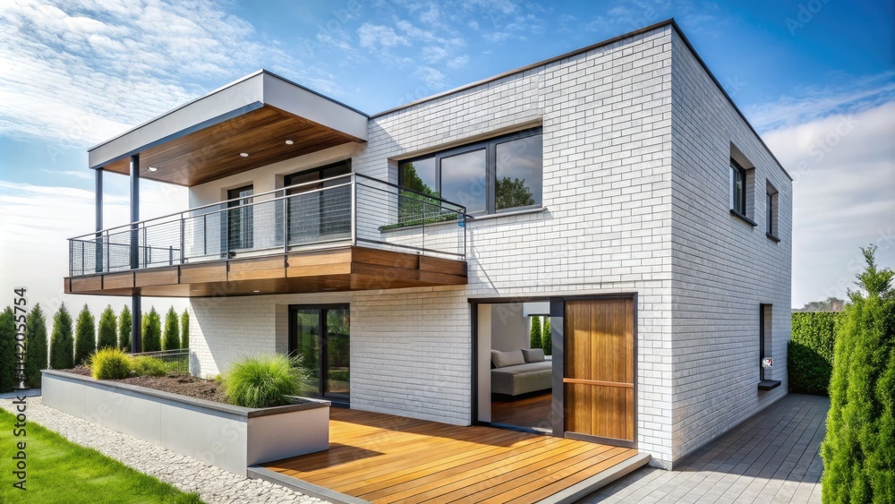 Modern white brick house with a stylish grey wood balcony; clean lines, minimalist aesthetic. Modern white brick house with a stylish grey wood balcony; clean lines, minimalist aesthetic.