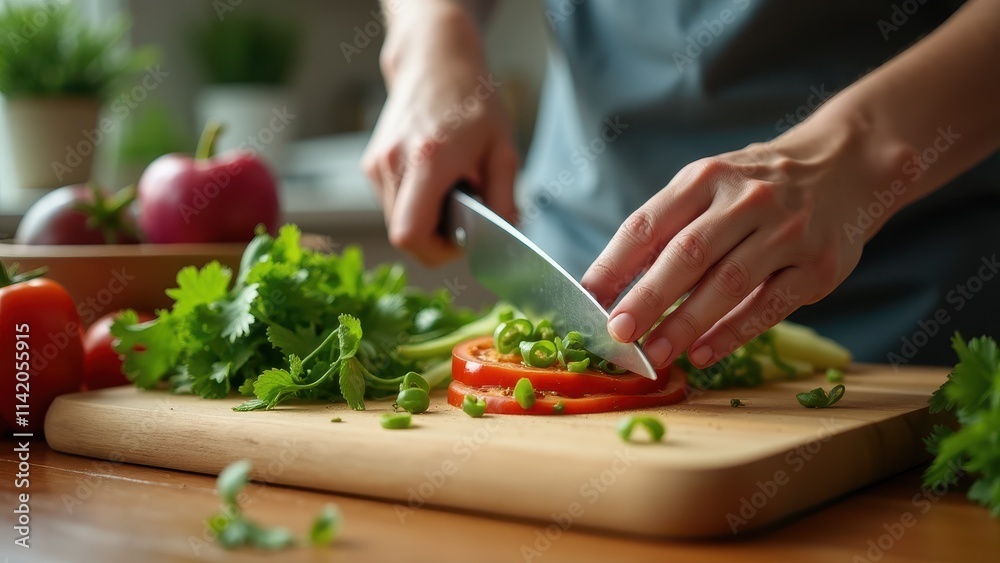 A person carefully chopping vegetables for a nutritious salad on a wooden cutting board in a cozy kitchen