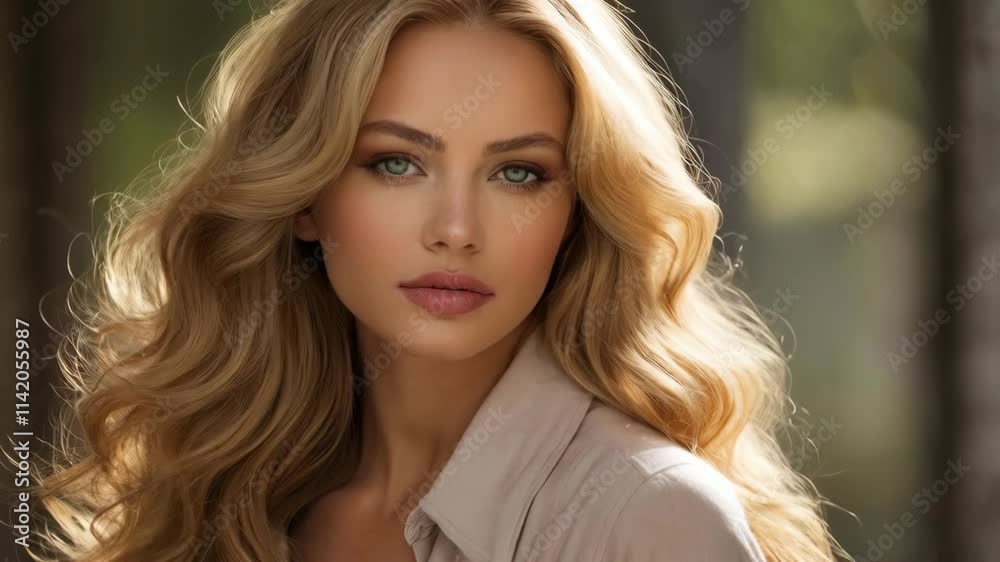 Close-up of a woman with long, wavy blonde hair cascading over her shoulders Close-up of a woman with long, wavy blonde hair cascading over her shoulders