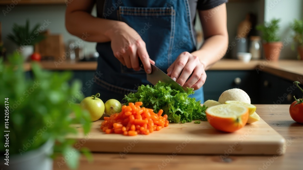 A person carefully chopping vegetables for a nutritious salad on a wooden cutting board in a cozy kitchen A person carefully chopping vegetables for a nutritious salad on a wooden cutting board in a cozy kitchen