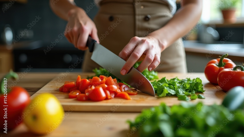 A person carefully chopping vegetables for a nutritious salad on a wooden cutting board in a cozy kitchen A person carefully chopping vegetables for a nutritious salad on a wooden cutting board in a cozy kitchen