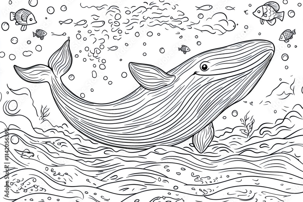 Coloring page of a smiling whale swimming in the ocean, surrounded by small fish and bubbles, creating a playful underwater scene Coloring page of a smiling whale swimming in the ocean, surrounded by small fish and bubbles, creating a playful underwater scene