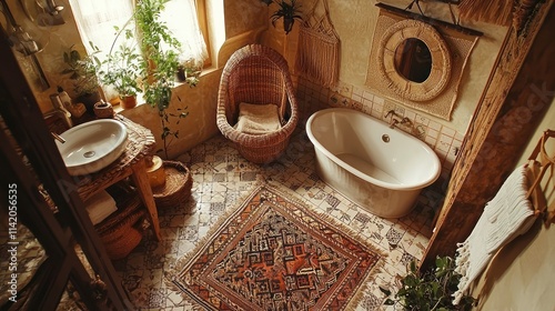 A cozy boho bathroom with rattan furniture, neutral tones. photo