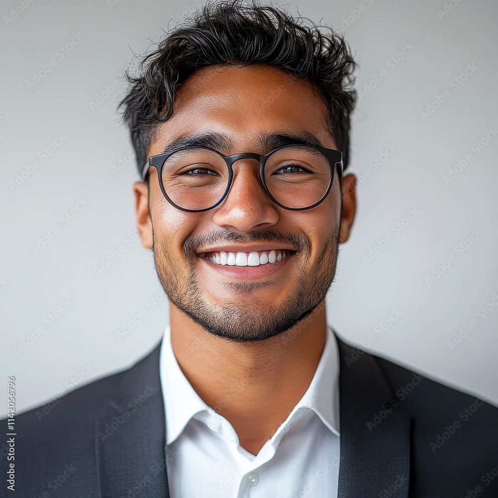 Confident and Smiling Young Professional in Formal Attire with Glasses, Exuding Positivity and Approachability in a Modern Office Environment Confident and Smiling Young Professional in Formal Attire with Glasses, Exuding Positivity and Approachability in a Modern Office Environment