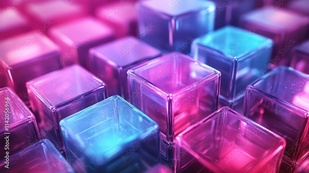 Abstract geometric background of translucent cubes in vibrant neon colors.