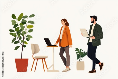 woman in orange jacket and man with laptop stand beside plants in modern workspace. scene conveys professional and collaborative atmosphere