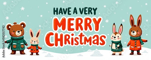 Playful Christmas card with cartoon animals in winter coats and snowy landscape