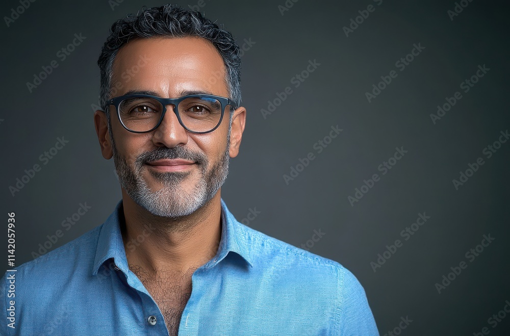 Confident Middle-Aged Man Wearing Glasses with Short Gray Hair, Smiling Against a Dark Background in a Casual Blue Button-Up Shirt Confident Middle-Aged Man Wearing Glasses with Short Gray Hair, Smiling Against a Dark Background in a Casual Blue Button-Up Shirt