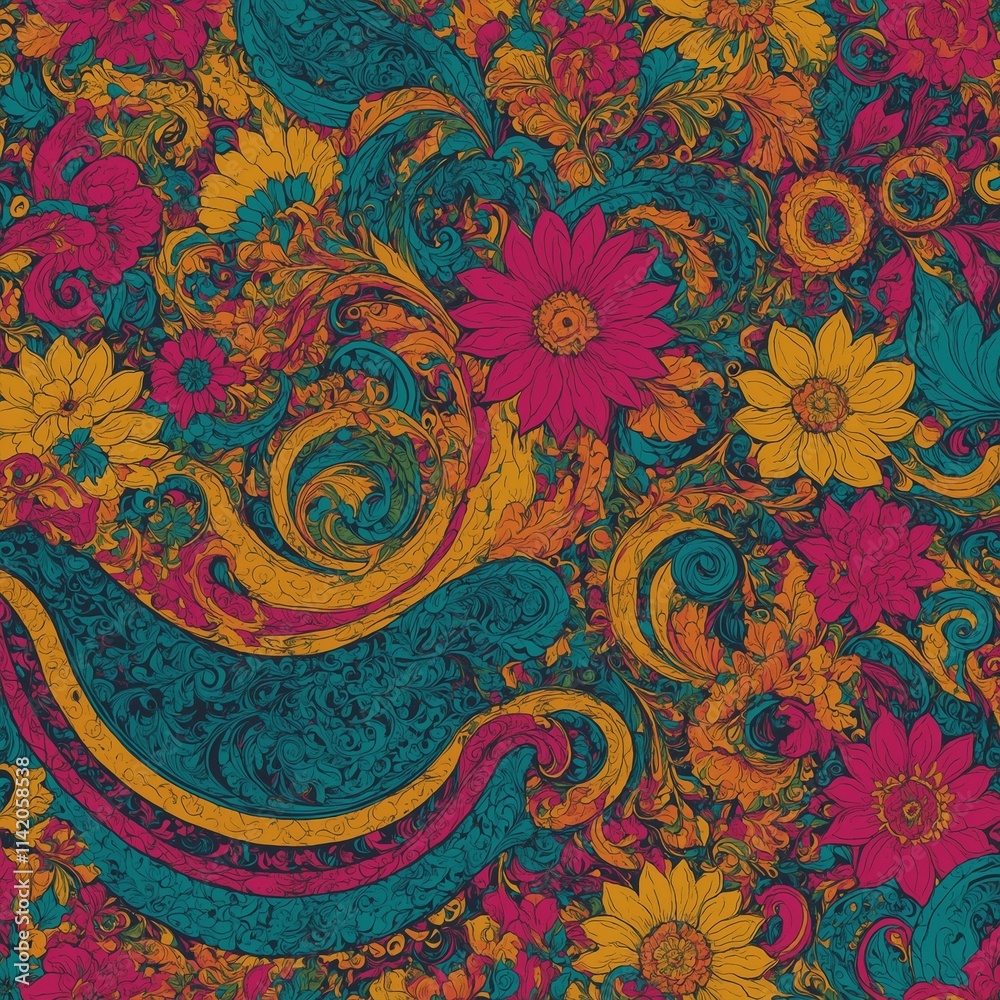 Create a hand-drawn background featuring vibrant, swirling patterns and shapes that evoke a retro psychedelic vibe. Create a hand-drawn background featuring vibrant, swirling patterns and shapes that evoke a retro psychedelic vibe.