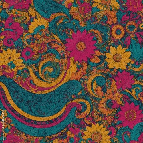 Create a hand-drawn background featuring vibrant, swirling patterns and shapes that evoke a retro psychedelic vibe. 