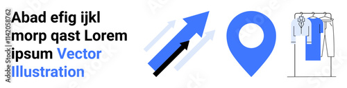 Free Download Blue and black arrows pointing upward, large blue location marker, letters and words, clothing rack. Ideal for business, navigation, retail, fashion marketing analytics technology. Landing page - GFXLoad