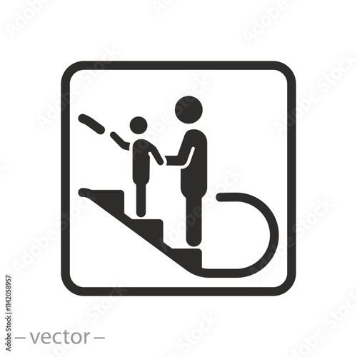 safety rule for parent with kids, elevator sign, hand holding child on the escalator icon, flat vector illustration