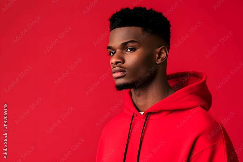 a confident young man in a stylish red hoodie against a bold red background with a modern, minimalist and vibrant look a confident young man in a stylish red hoodie against a bold red background with a modern, minimalist and vibrant look