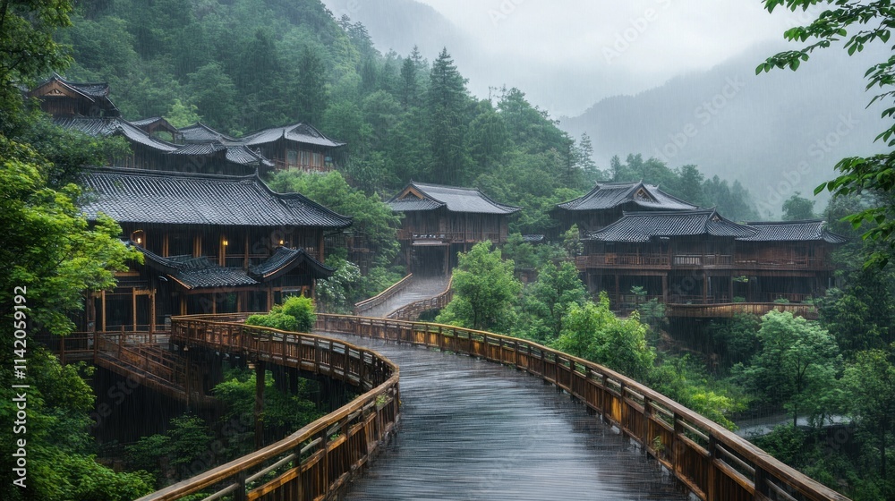 Fototapeta premium Rainy Day in a Mountain Village