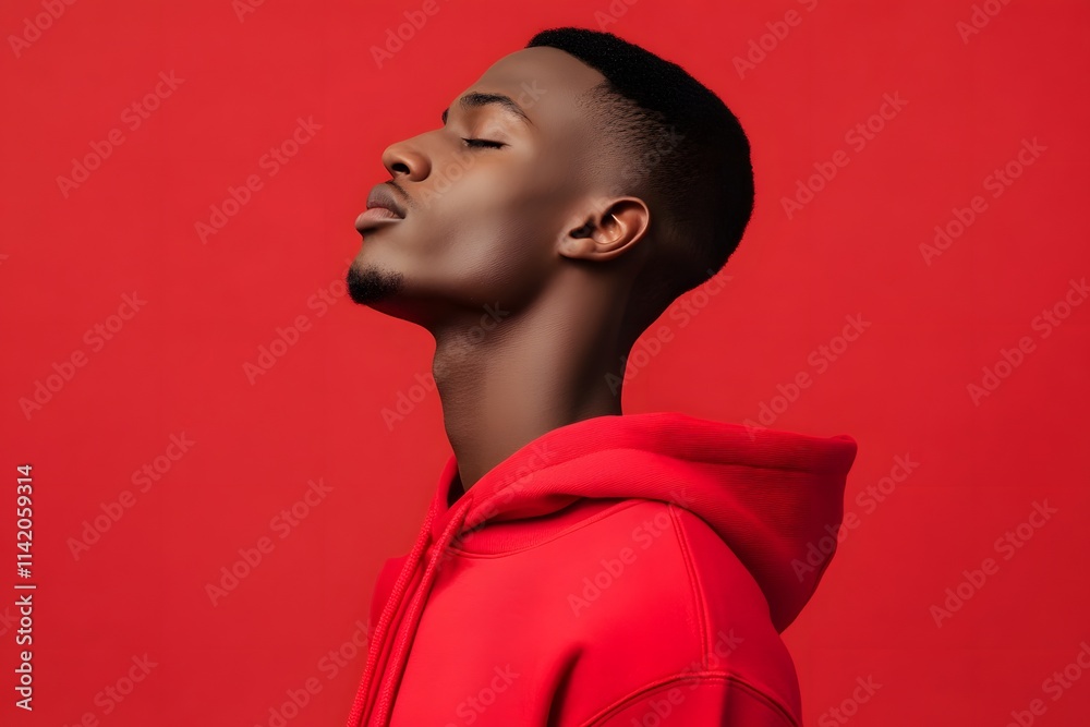 Obraz premium a confident young man in a stylish red hoodie against a bold red background with a modern, minimalist and vibrant look