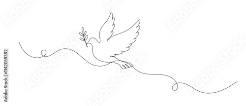 Dove with olive branch one continuous line illustration. Hand drawn doodle sketch of bird of piece, pigeon