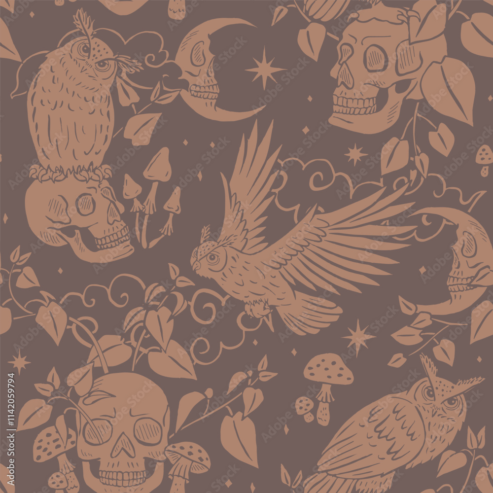 Fototapeta premium Seamless pattern with hand drawn inky eagle owls sitting on human skulls. Celestial Skeleton heads with predator birds in forest foliage repeat background. Night sky with crescents and stars wallpaper