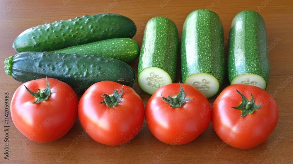 Fresh Red Tomatoes and Green Cucumbers on Wooden Table Surface Fresh Red Tomatoes and Green Cucumbers on Wooden Table Surface