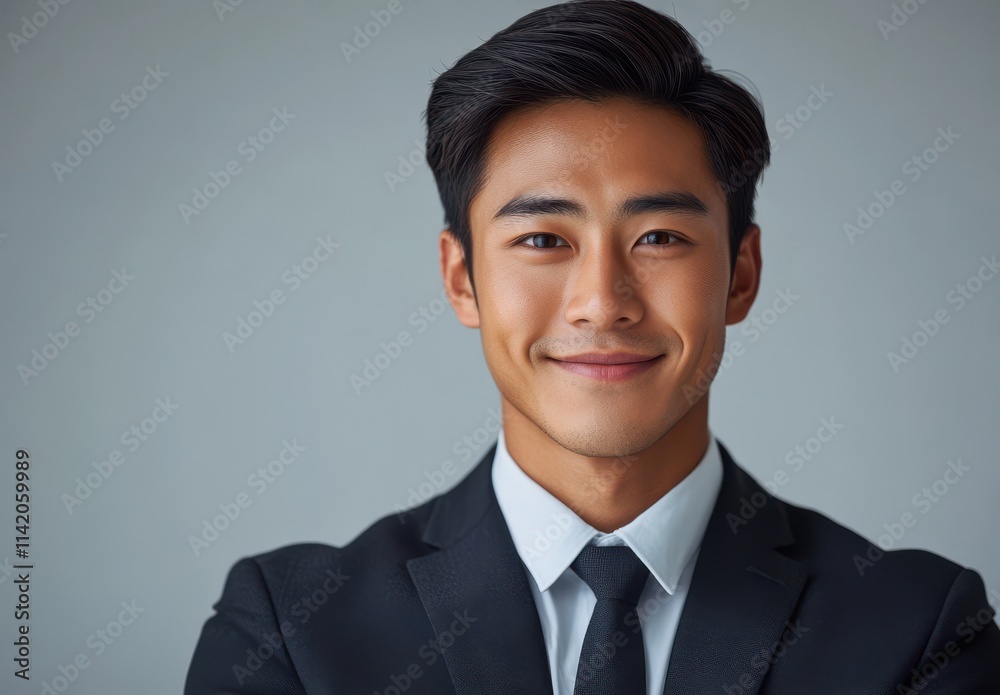 Confident Young Professional in Formal Suit with a Warm Smile on a Neutral Background Ideal for Business and Corporate Themes Confident Young Professional in Formal Suit with a Warm Smile on a Neutral Background Ideal for Business and Corporate Themes