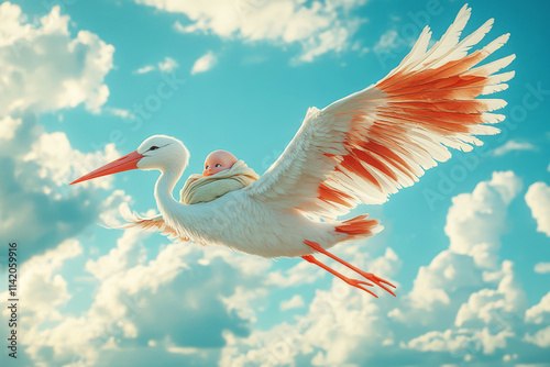Stork gracefully soars through a bright blue sky, carrying a wrapped newborn nestled in its embrace. This whimsical delivery symbolizes the joy of new beginnings for future parents