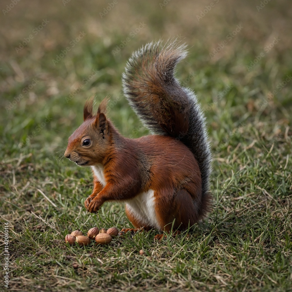 A red squirrel gathering nuts on the edge of a vast open field.
A red squirrel gathering nuts on the edge of a vast open field.