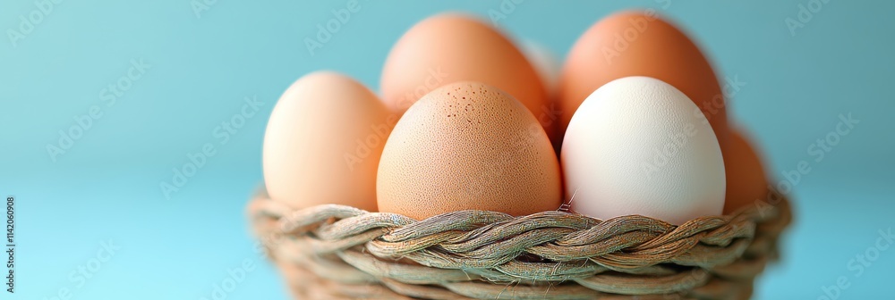 Farm Fresh Eggs in a Rustic Woven Basket, Perfect Ingredient for Your Baking and Cooking Needs Farm Fresh Eggs in a Rustic Woven Basket, Perfect Ingredient for Your Baking and Cooking Needs