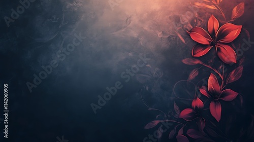Dark Background With Red Flowers And Leaves