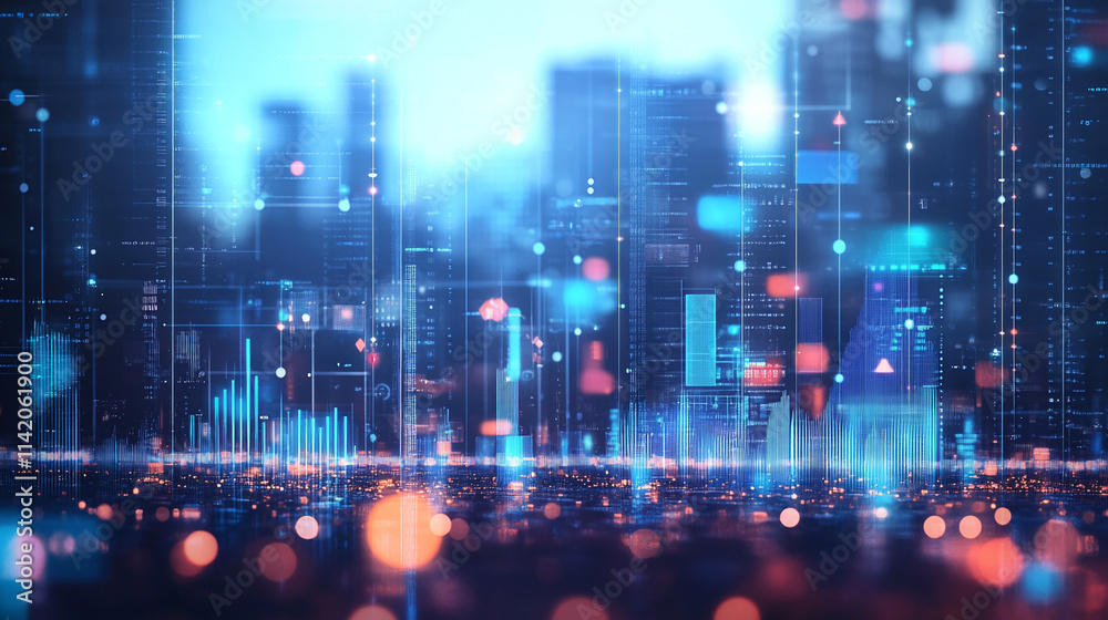 Obraz premium Modern urban skyline with digital overlay showcasing data visualization technology at sunset