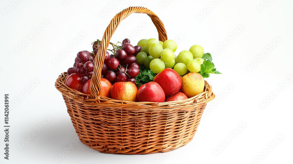 Fresh and Colorful Fruit Basket with Red Apples, Green Grapes, and Dark Grapes on a White Background Perfect for Healthy Living and Nutrition Themes Fresh and Colorful Fruit Basket with Red Apples, Green Grapes, and Dark Grapes on a White Background Perfect for Healthy Living and Nutrition Themes
