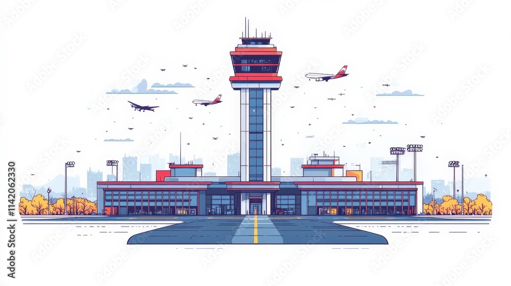 Obraz premium Modern Airport Terminal with Control Tower Surrounded by Airplanes and a Clear Sky, Capturing the Essence of Air Travel and Aviation Life