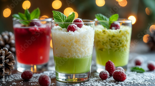 A selection of colorful festive drinks in glasses, featuring cranberries, mint, and frosted garnishes, with glowing lights in the background. photo