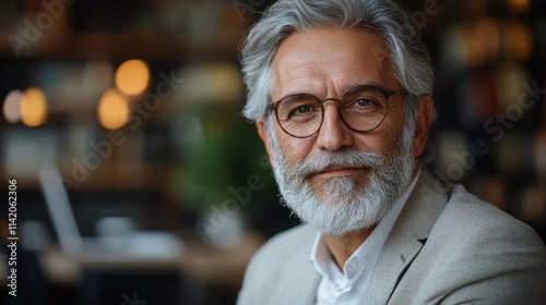 Sophisticated older man with gray beard using laptop in vintage-style leather chair, relaxed atmosphere, professional senior, intellectual lifestyle, indoor study, work from home.