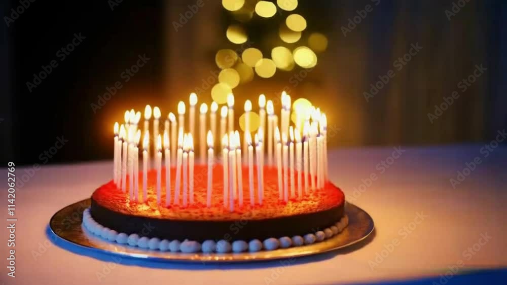 Stunning birthday cake with glowing candles and magical bokeh lighting effects  