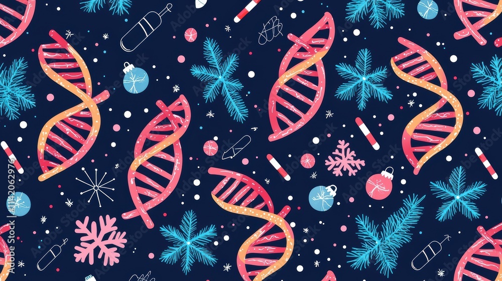 Modern seamless holiday pattern featuring softly glowing DNA helixes, health tools, and holographic circuits Modern seamless holiday pattern featuring softly glowing DNA helixes, health tools, and holographic circuits