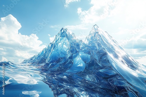 Surreal crystal mountain peaks reflecting on calm water.