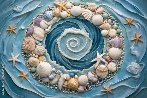 Beautiful ocean inspired mandala is crafted with seashells, starfish, and pearls, forming a swirling vortex, evoking tranquility and marine beauty photo