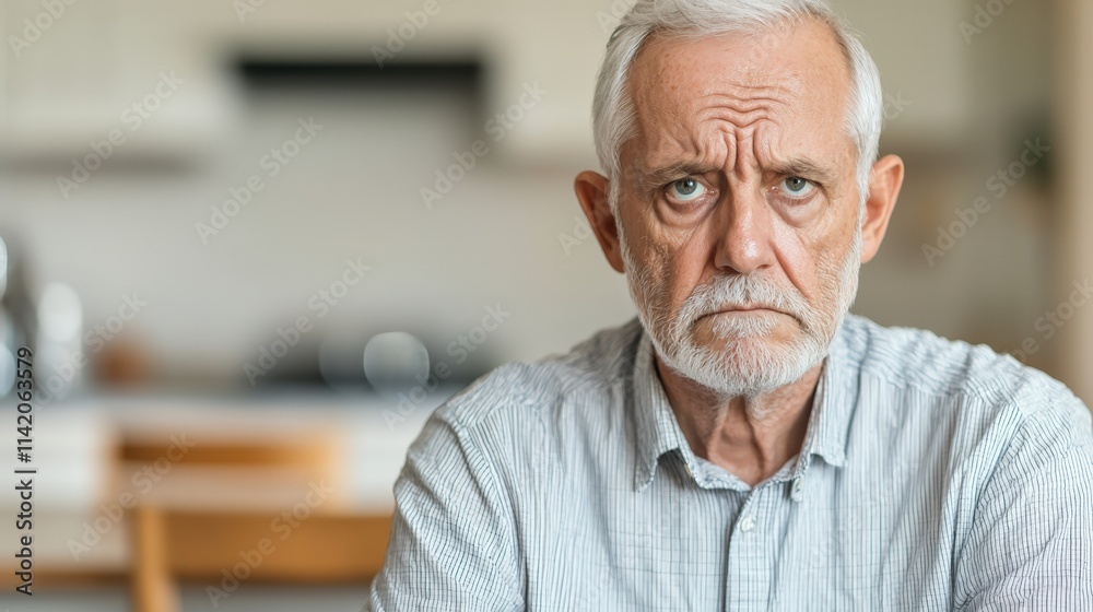 Depression and sadness diagnosis, A serious elderly man with gray hair and a furrowed brow sits in a kitchen, conveying a sense of concern or contemplation. Depression and sadness diagnosis, A serious elderly man with gray hair and a furrowed brow sits in a kitchen, conveying a sense of concern or contemplation.