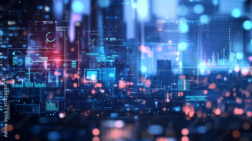 Obraz premium Futuristic cityscape with digital data streams and glowing interfaces during a high-tech nighttime setting