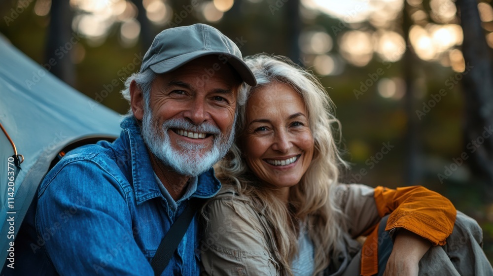 Happy senior couple camping in the woods, sitting near tent, enjoying nature, retirement adventure, outdoor activity, warm jackets, smiling faces, relaxing getaway. Happy senior couple camping in the woods, sitting near tent, enjoying nature, retirement adventure, outdoor activity, warm jackets, smiling faces, relaxing getaway.