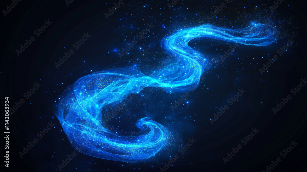 Neon magic wawes, wind effect purple twirl with blue sparkles. Swirl of wand spell . Magician, wizard or fairy light, shiny trace isolated on black background Realistic 3d Vector illustration Neon magic wawes, wind effect purple twirl with blue sparkles. Swirl of wand spell . Magician, wizard or fairy light, shiny trace isolated on black background Realistic 3d Vector illustration