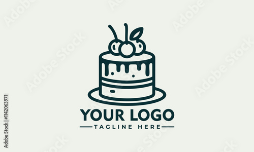 vector logo line drawing of a twotiered cake with cherries; suitable for bakery logos, greeting cards, and confectionerythemed designs