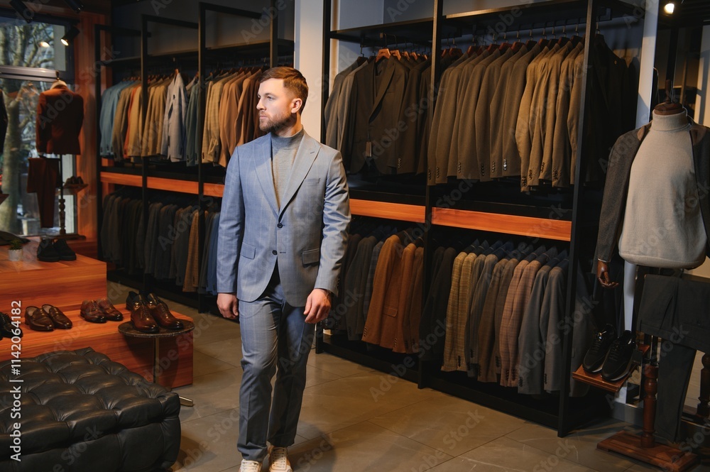 Modern young handsome businessman, looking and choosing classical suit in the suit shop