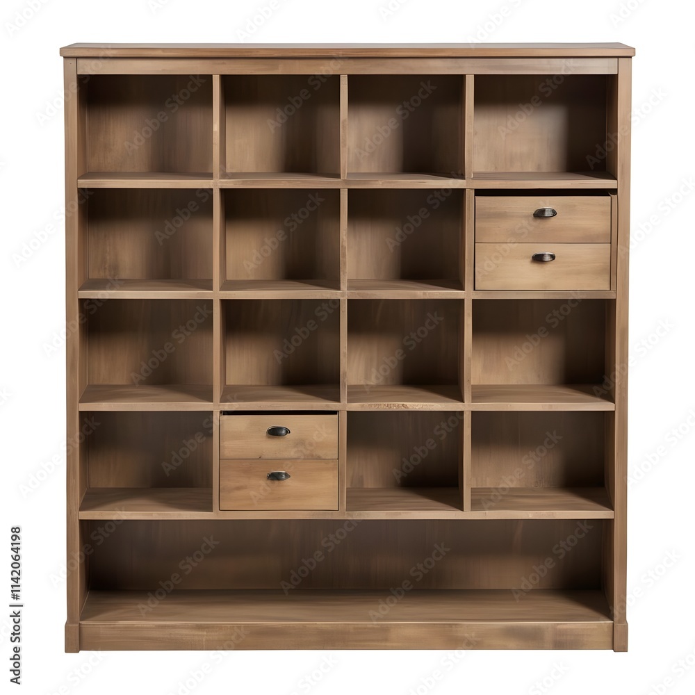 A wooden bookshelf or shelving unit with multiple compartments and shelves, made of natural wood with a rustic, distressed appearance A wooden bookshelf or shelving unit with multiple compartments and shelves, made of natural wood with a rustic, distressed appearance