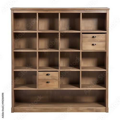 A wooden bookshelf or shelving unit with multiple compartments and shelves, made of natural wood with a rustic, distressed appearance