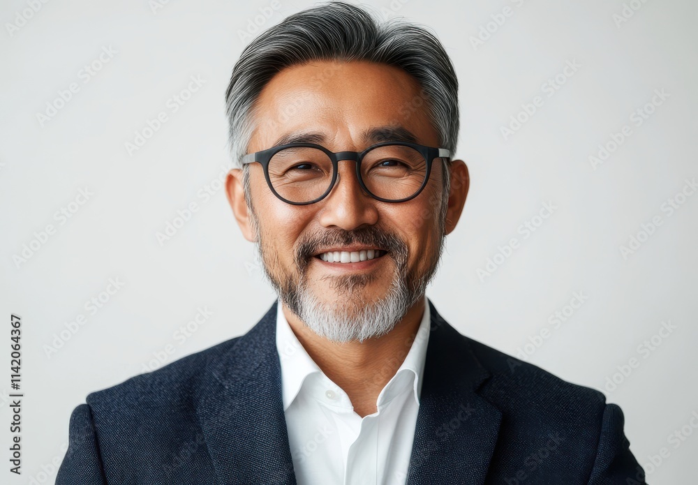 Portrait of a Smiling Middle-Aged Man with Gray Hair and Glasses Wearing a Dark Blazer and White Shirt Against a Neutral Background Portrait of a Smiling Middle-Aged Man with Gray Hair and Glasses Wearing a Dark Blazer and White Shirt Against a Neutral Background